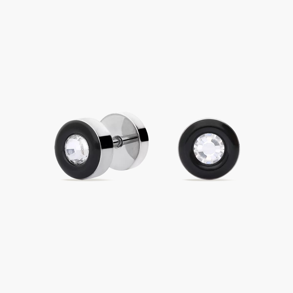 Pendientes redondos de acero negro y circonita 8 mm