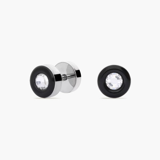 Pendientes redondos de acero negro y circonita 8 mm