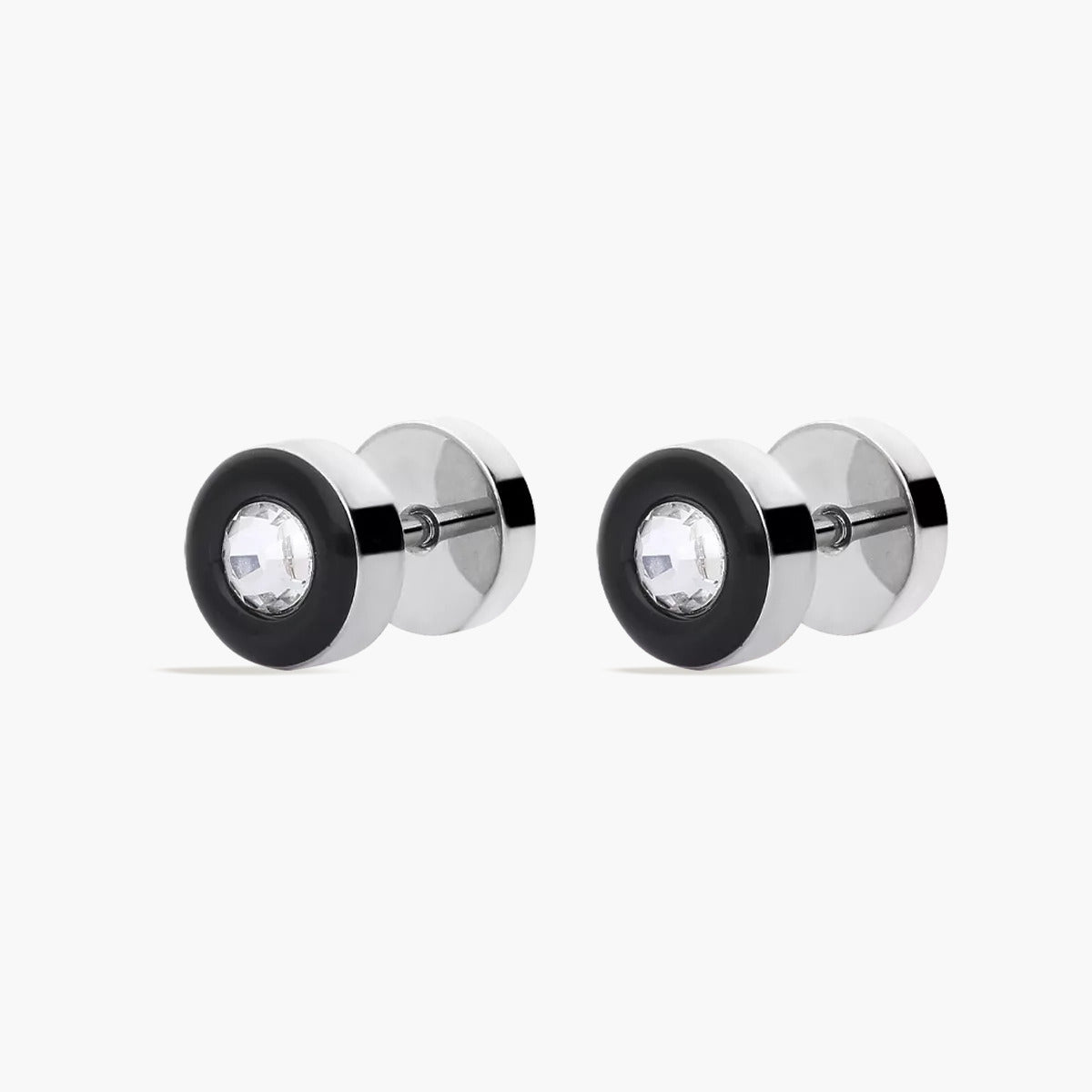 Pendientes redondos de acero negro y circonita 8 mm