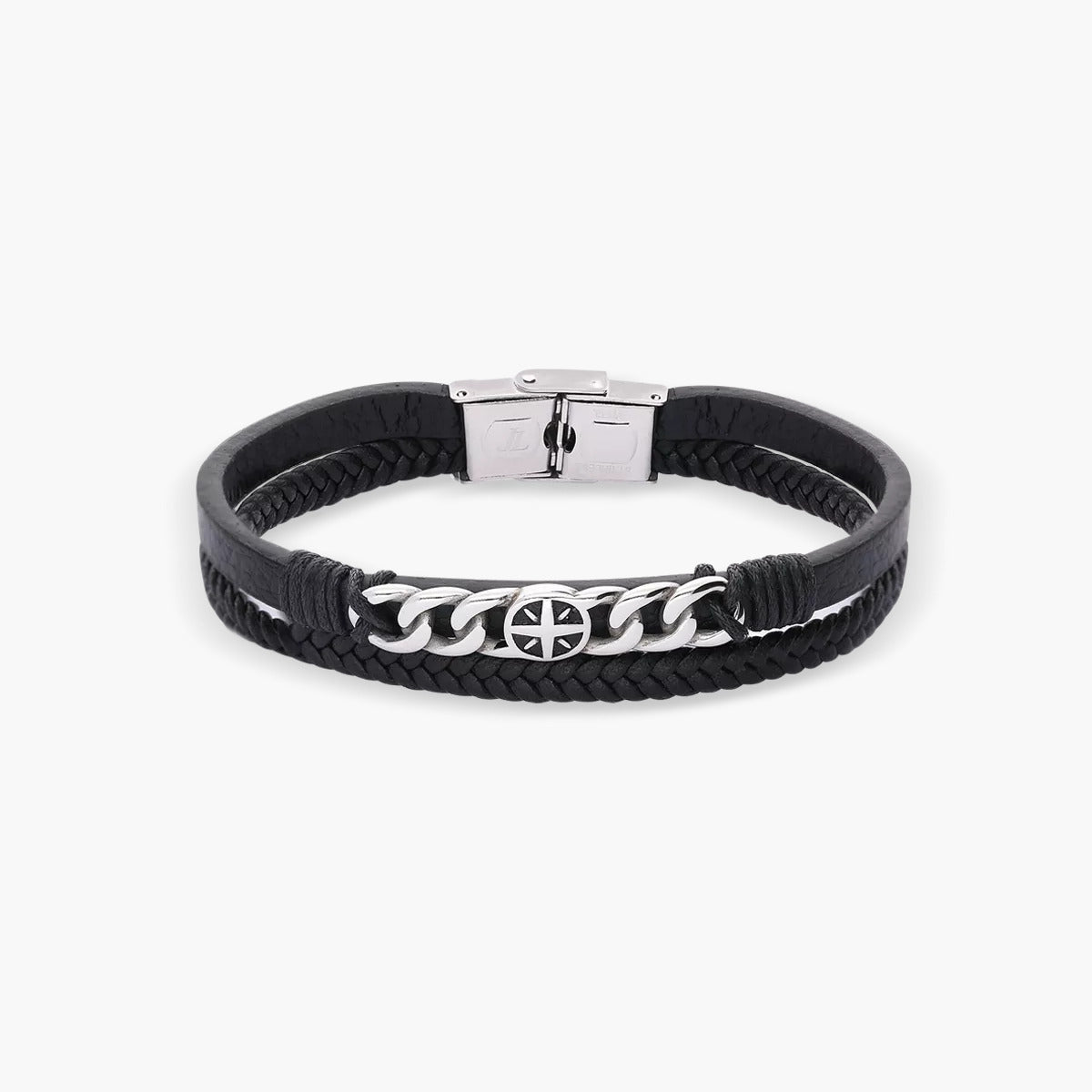 Pulsera de cuero trenzado negro y Rosa de los Vientos 21 cm