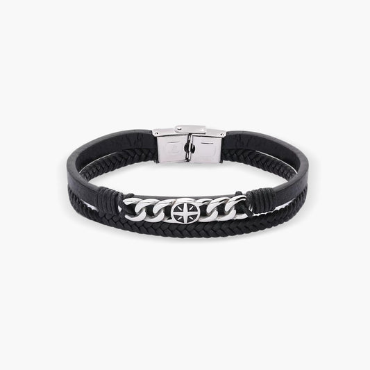 Pulsera de cuero trenzado negro y Rosa de los Vientos 21 cm