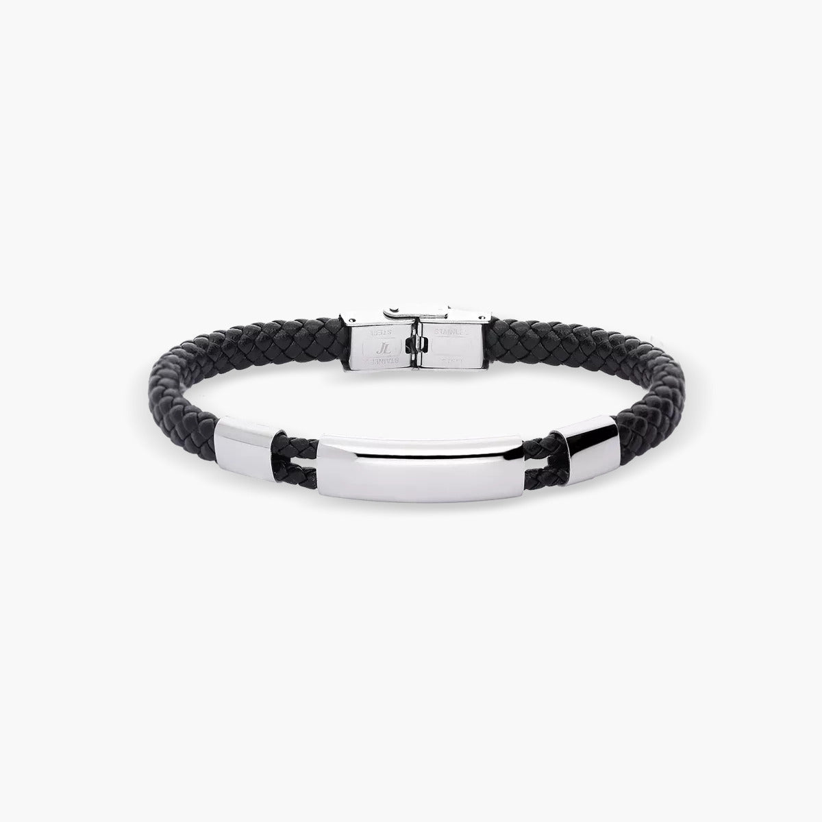 Pulsera hombre de cuero trenzado negro con chapa rectangular 21 cm