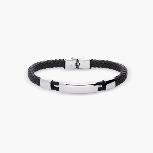 Pulsera hombre de cuero trenzado negro con chapa rectangular 21 cm