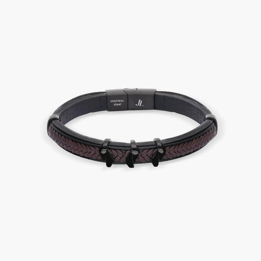 Pulsera cuero trenzado bicolor negro y marrón 21 cm