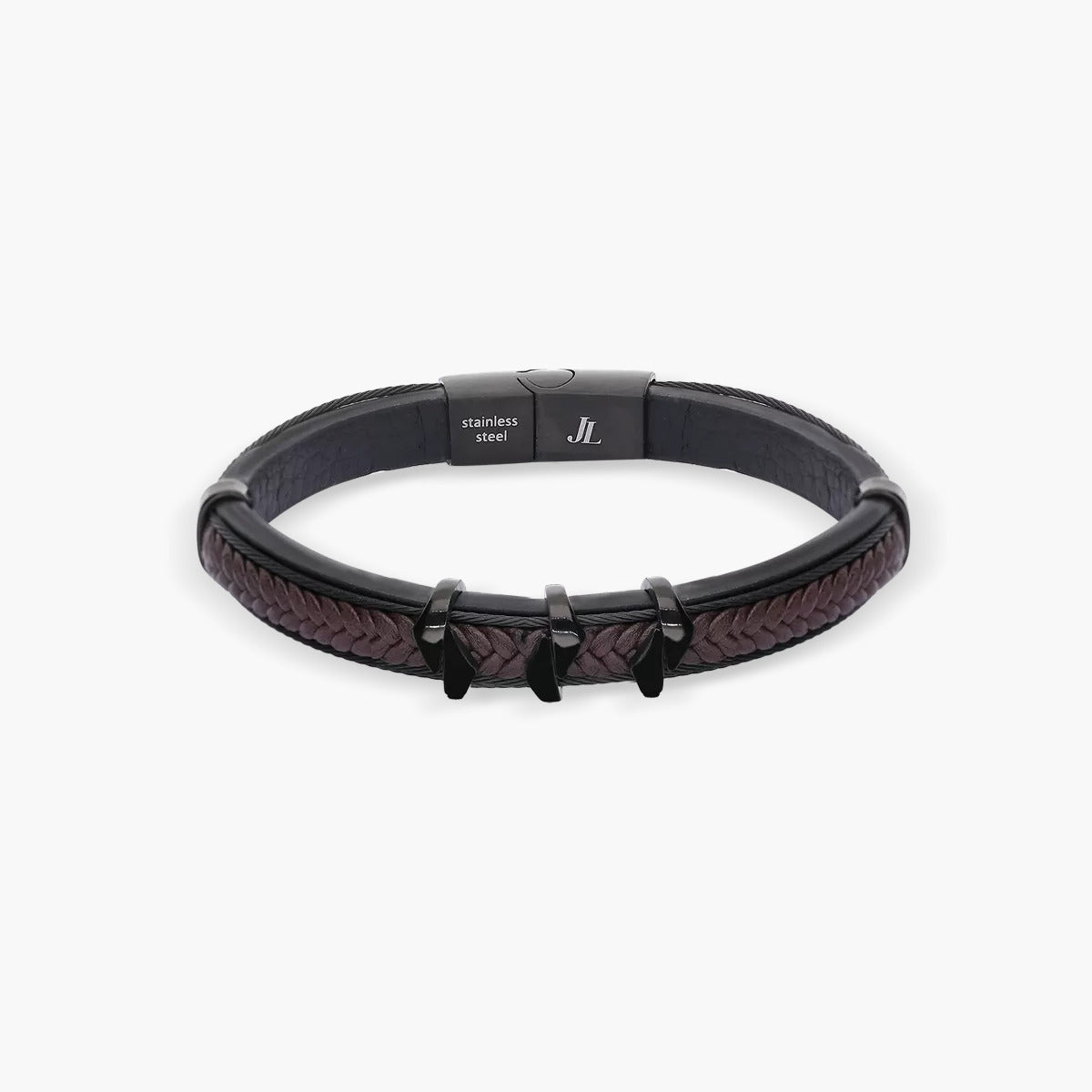Pulsera cuero trenzado bicolor negro y marrón 21 cm