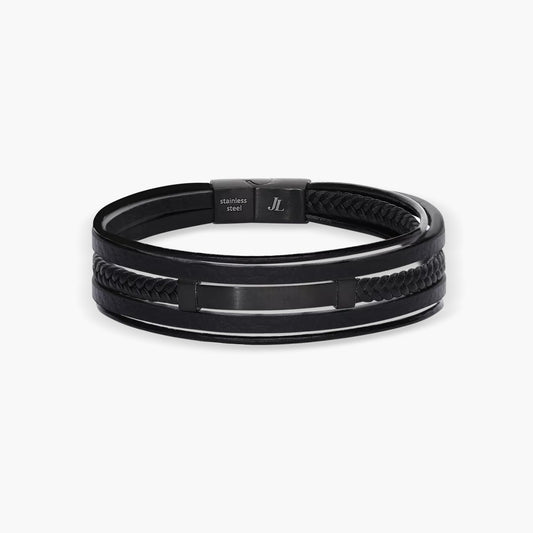 Pulsera cuero trenzado negro con chapa rectangular negra 21 cm