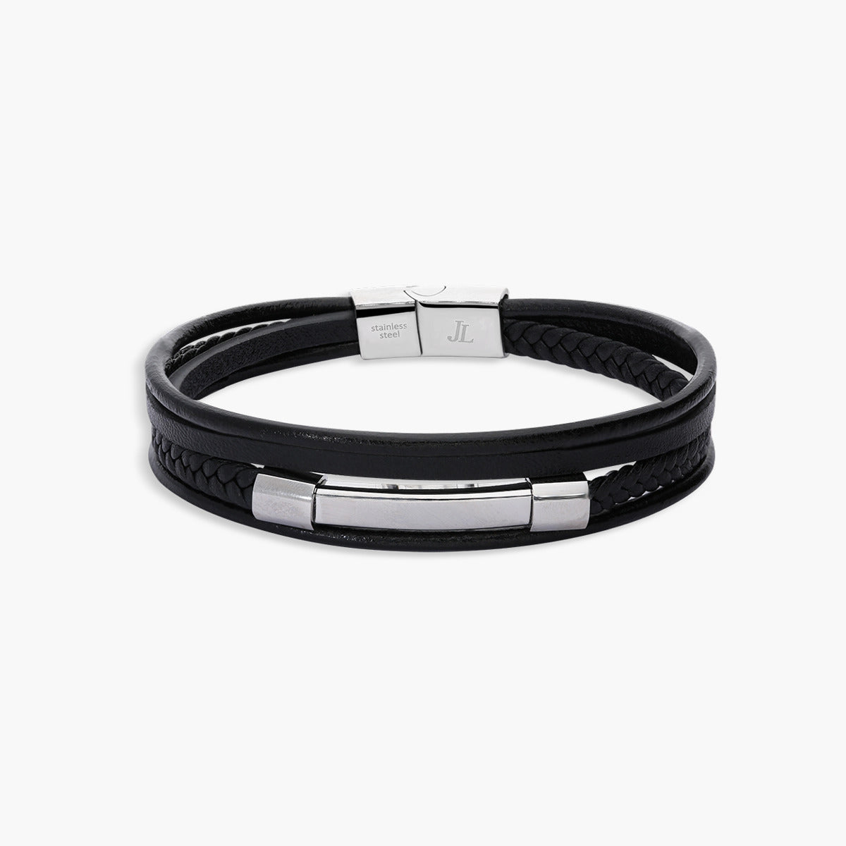 Pulsera cuero trenzado negro con chapa rectangular 21 cm