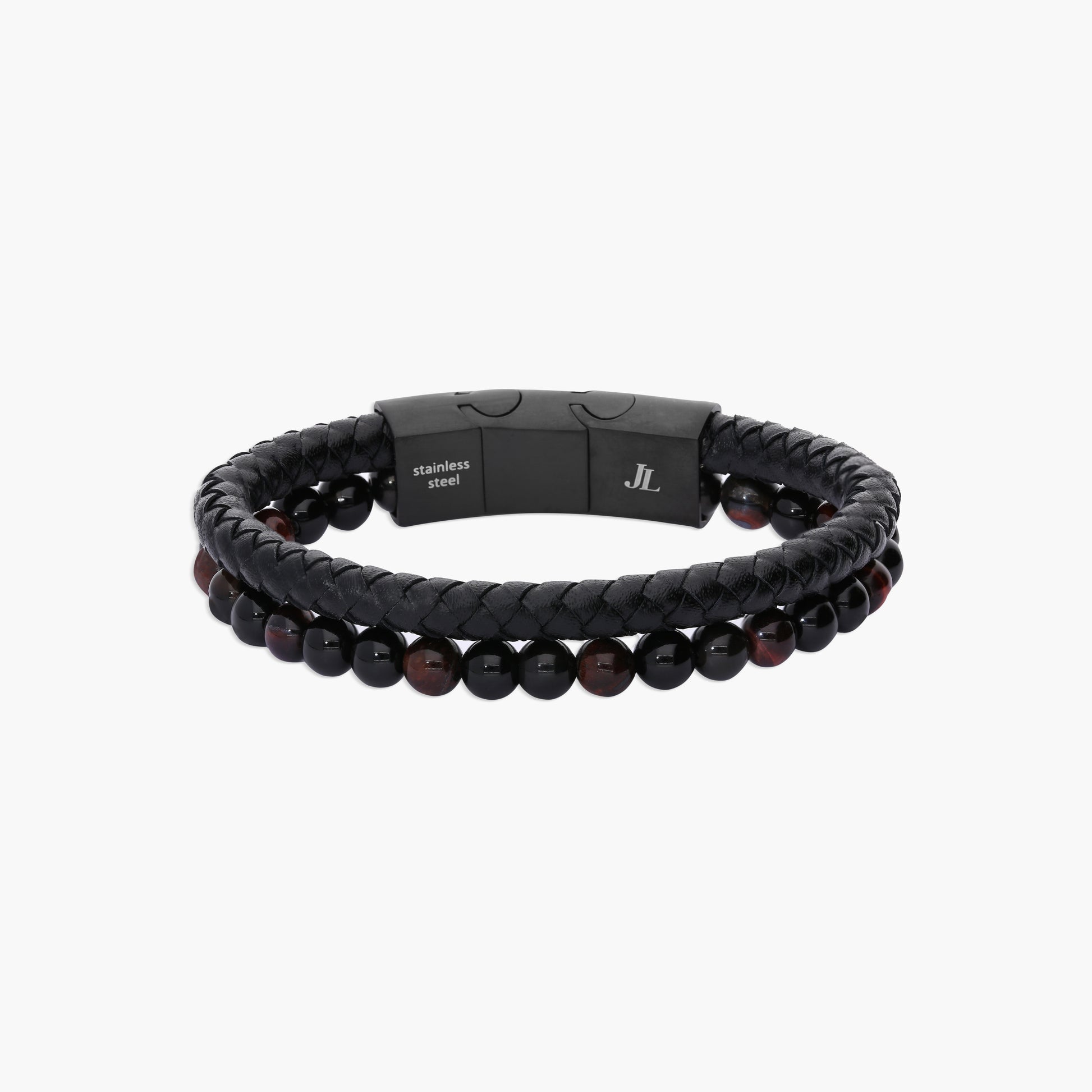 Pulsera de acero combinada con doble cuero bolitas 18-19 cm