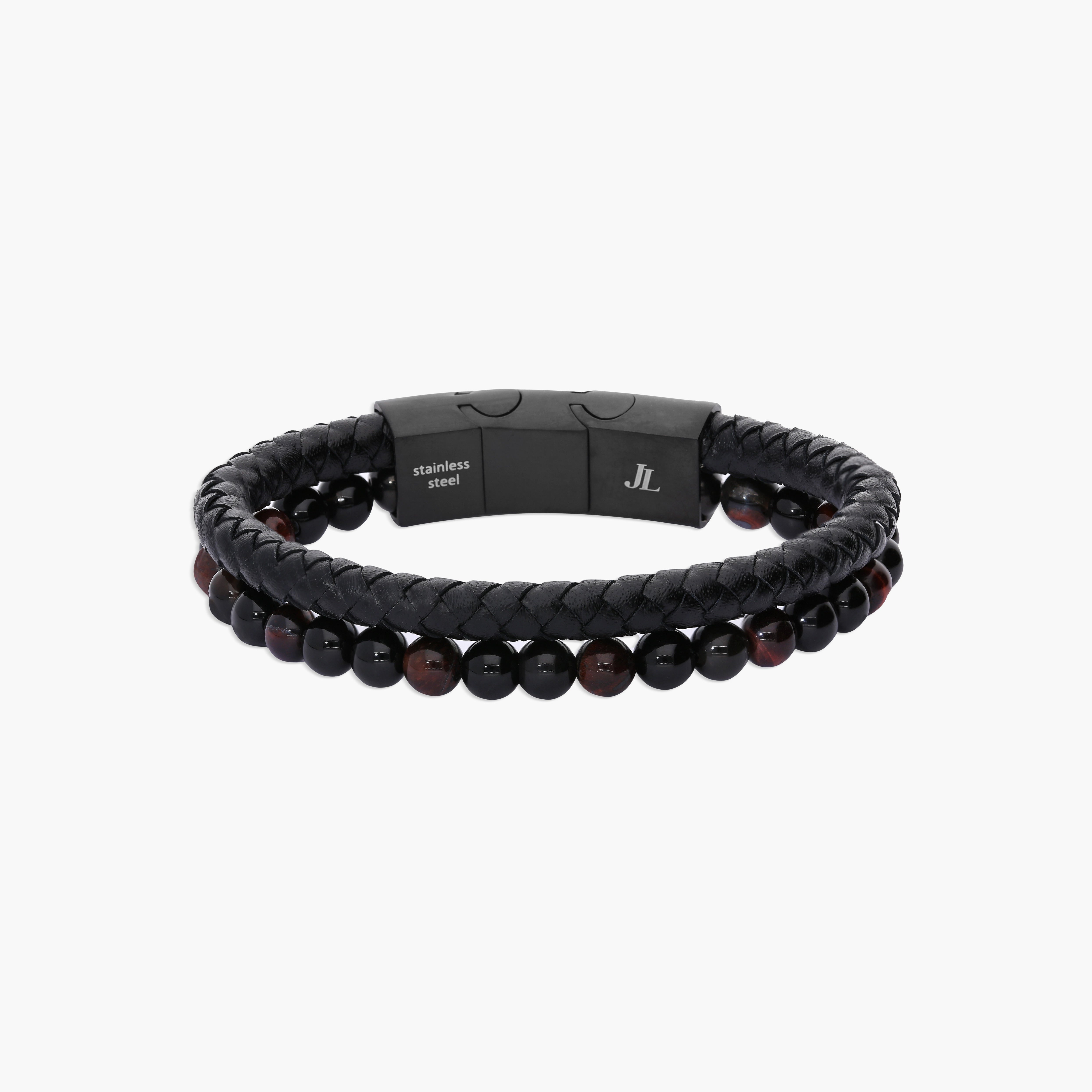 Pulsera de acero combinada con doble cuero bolitas 18-19 cm