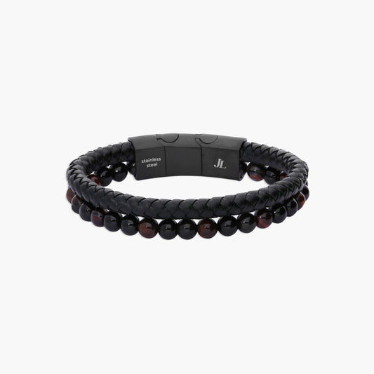 Pulsera de acero combinada con doble cuero bolitas 18-19 cm