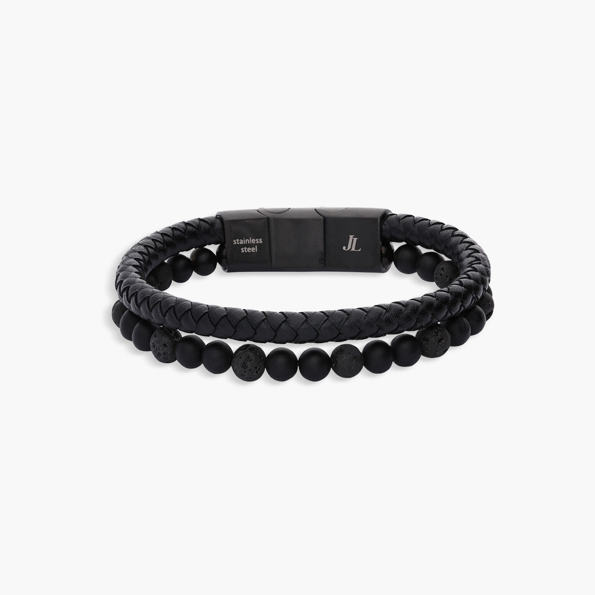 Pulsera de acero combinada con doble cuero bolitas negro 18-19 cm