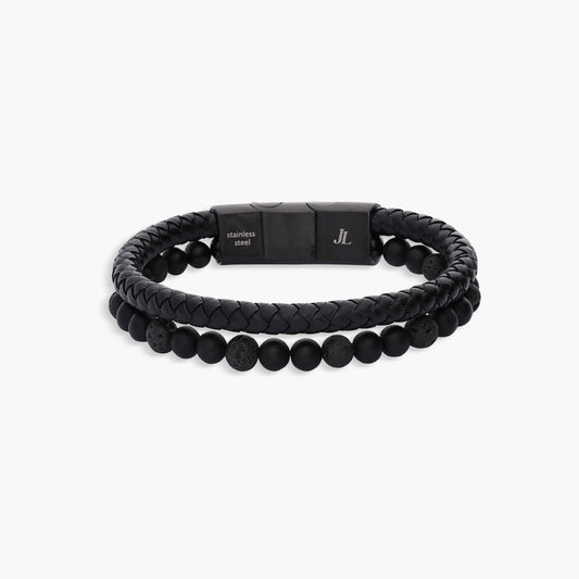 Pulsera de acero combinada con doble cuero bolitas negro 18-19 cm