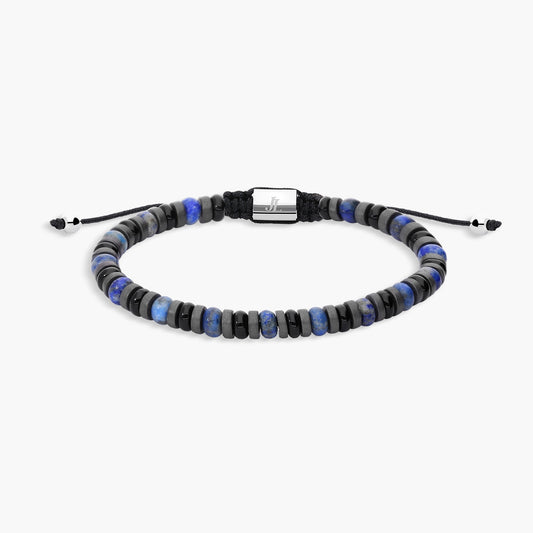 Pulsera de acero con bolitas lapislázuli y ágata negra 19-28 cm