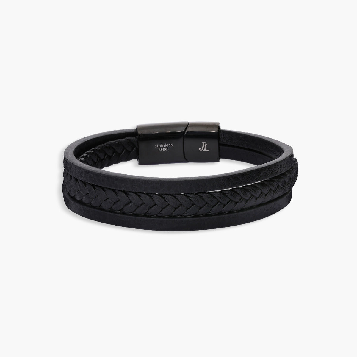 Pulsera de acero combinada con cuero negro trenzado 21 cm