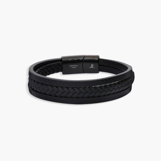 Pulsera de acero combinada con cuero negro trenzado 21 cm