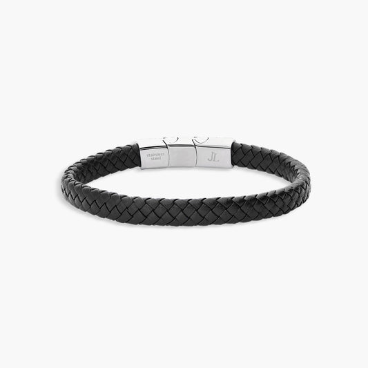 Pulsera de acero combinada con cuero negro trenzado 19-21 cm