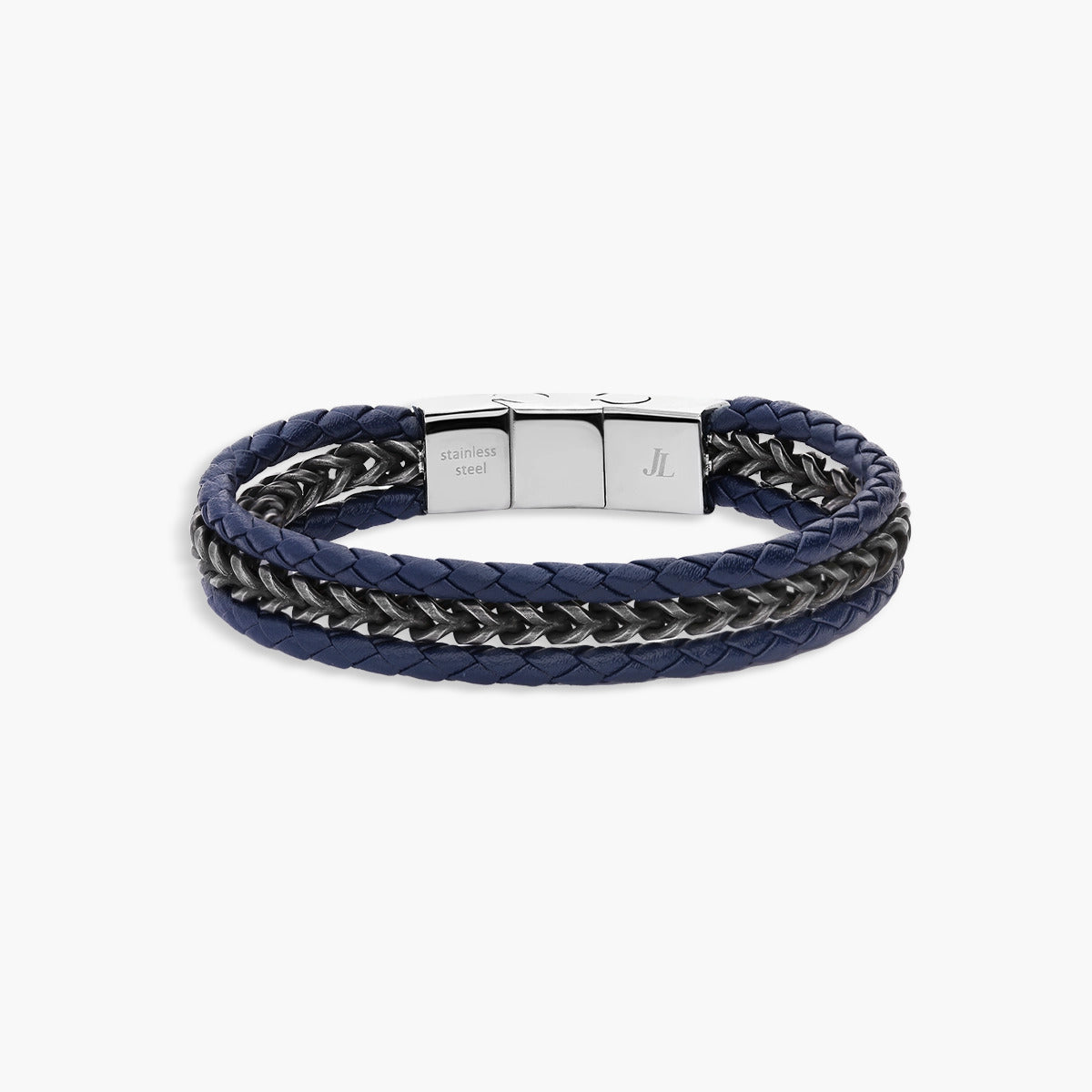 Pulsera de acero combinada con cuero gris y azul trenzado 19-21 cm
