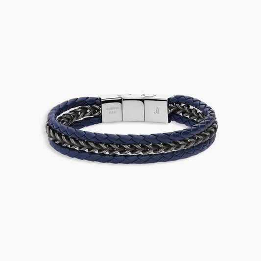 Pulsera de acero combinada con cuero gris y azul trenzado 19-21 cm