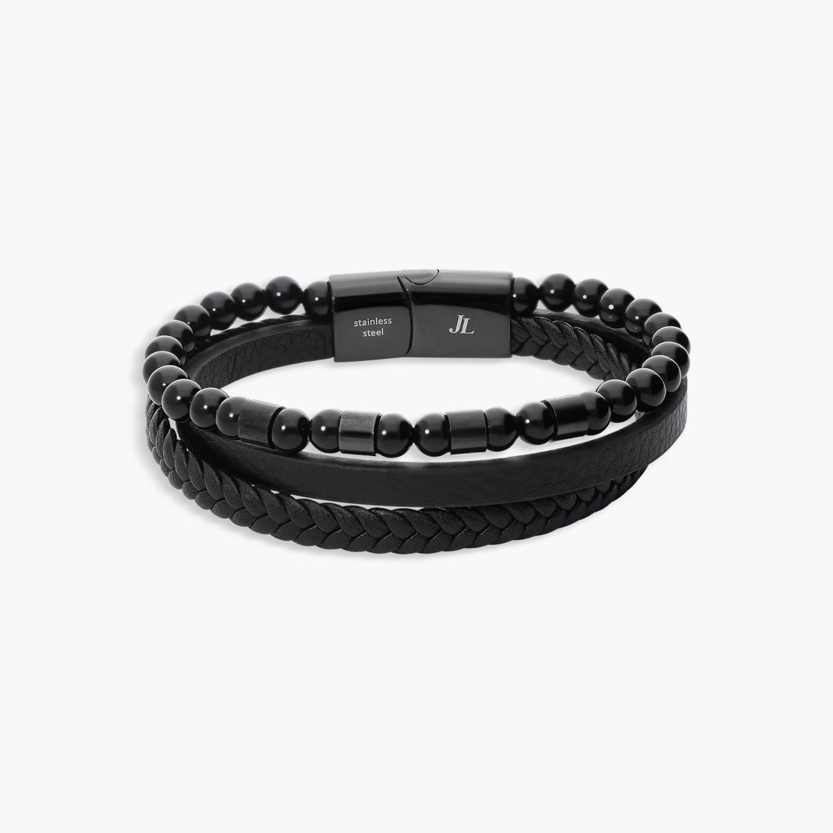 Pulsera de acero combinada con cuero negro triple tira 21 cm