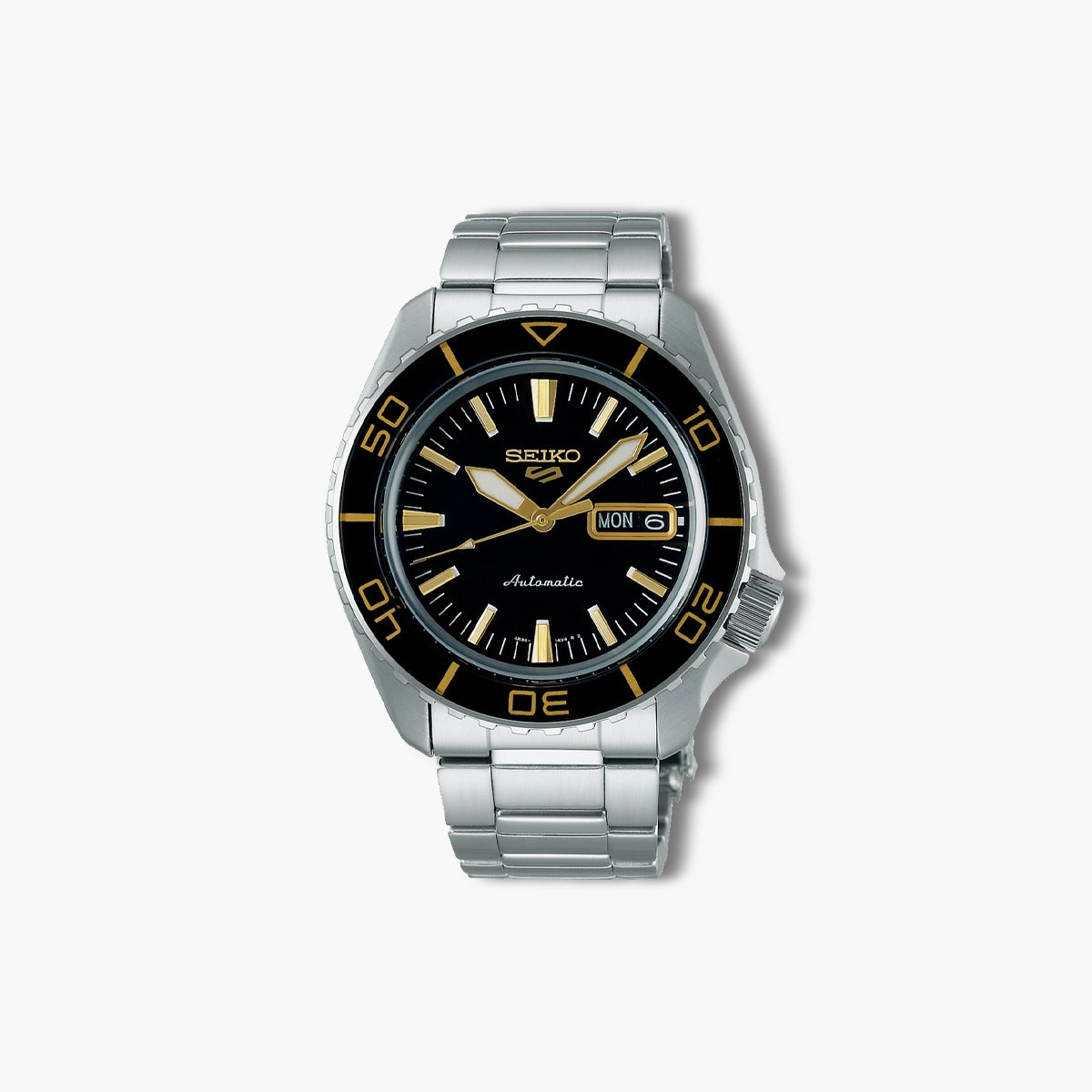 Reloj Seiko 5 Sports SRPK99K1 automático acero esfera negra y dorada